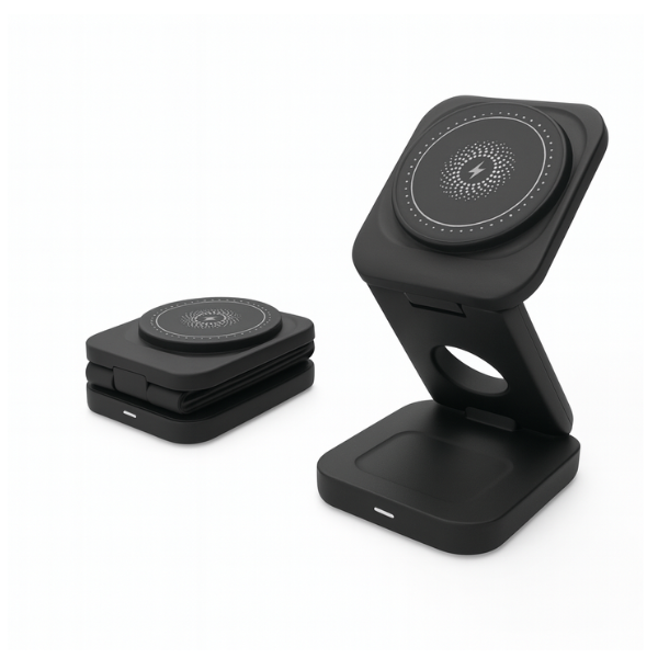 Triple-Fold Portable Magnetic Wireless Charging Stand For Phone, Smart Watch and Earbuds or Airpods Black