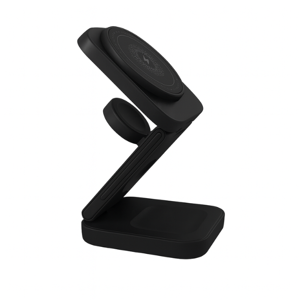 Triple-Fold Portable Magnetic Wireless Charging Stand For Phone, Smart Watch and Earbuds or Airpods Black