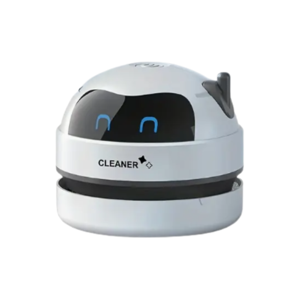 Mini portable desk vacuum cleaner with sleek white design and add-on attachment for tight spaces, ideal for cleaning desks, keyboards, and car interiors.