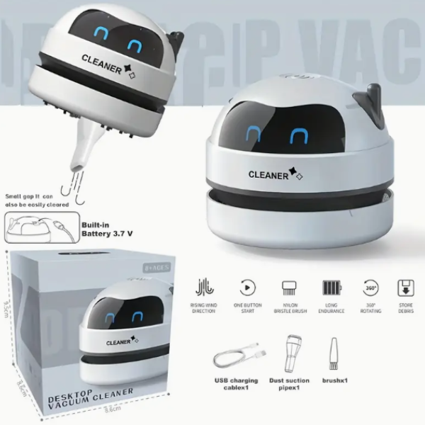 Mini portable desk vacuum cleaner with sleek white design and add-on attachment for tight spaces, ideal for cleaning desks, keyboards, and car interiors.