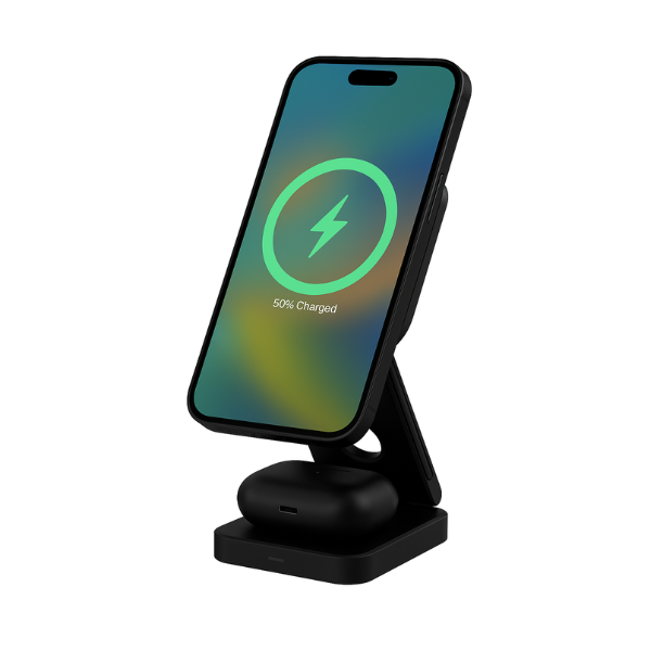 Triple-Fold Portable Magnetic Wireless Charging Stand For Phone, Smart Watch and Earbuds or Airpods Black